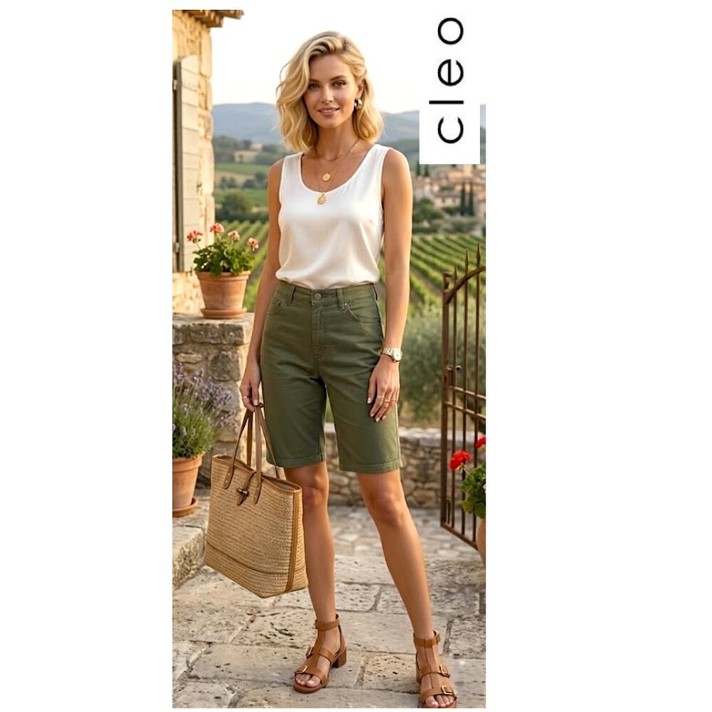 (3 for $30) CLEO - Olive green cotton blend denim style Bermuda shorts